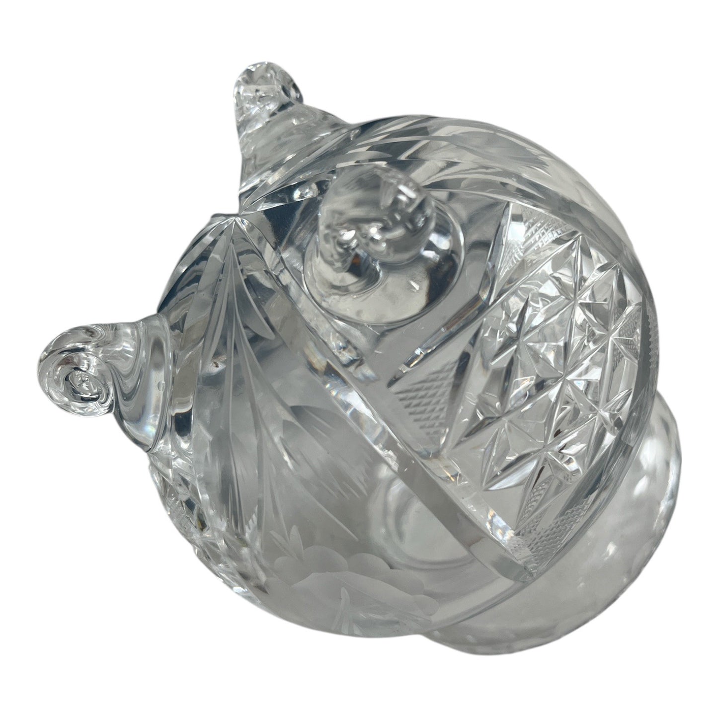 VTG Cut Crystal Condiment Jar with Spoon Notch – Footed Bohemian Style – Molded Script Mark