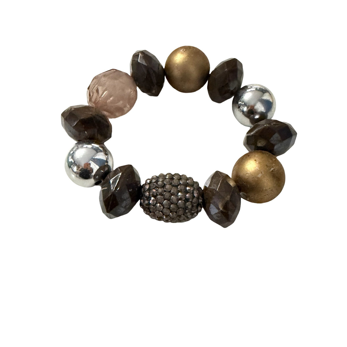 Y2K Chunky Smoky Brown Faceted Bead Pave Rhinestone Stretch Bracelet