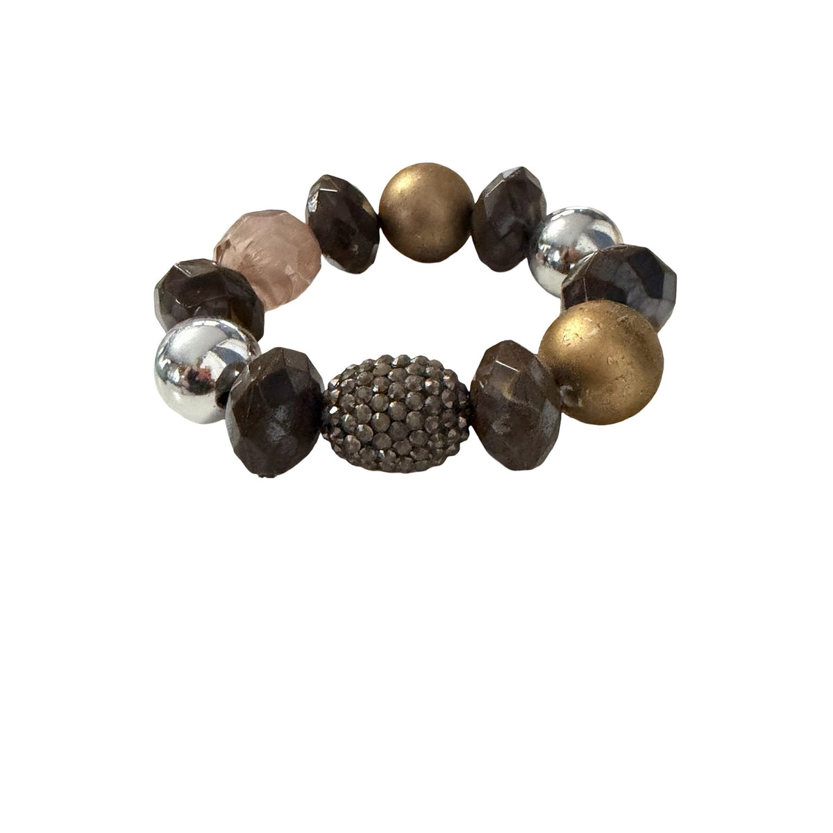 Y2K Chunky Smoky Brown Faceted Bead Pave Rhinestone Stretch Bracelet