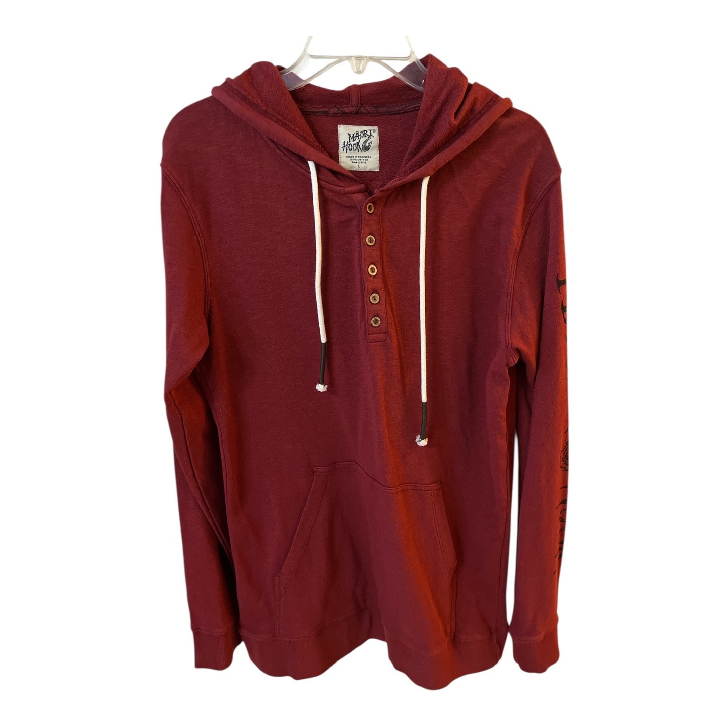 Maui Hook Hoodie Mens L Red Henley Hooded Pullover Surf Fishing Graphic Sleeve