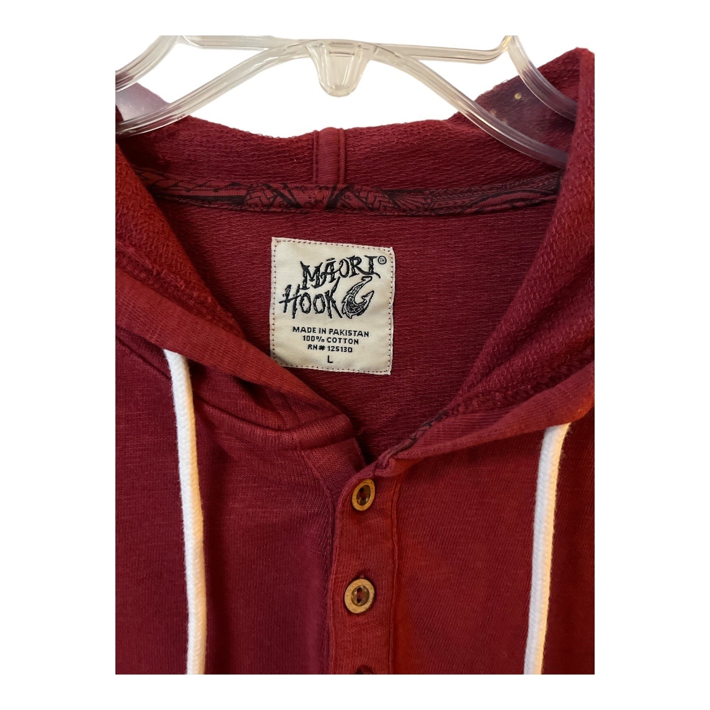 Maui Hook Hoodie Mens L Red Henley Hooded Pullover Surf Fishing Graphic Sleeve