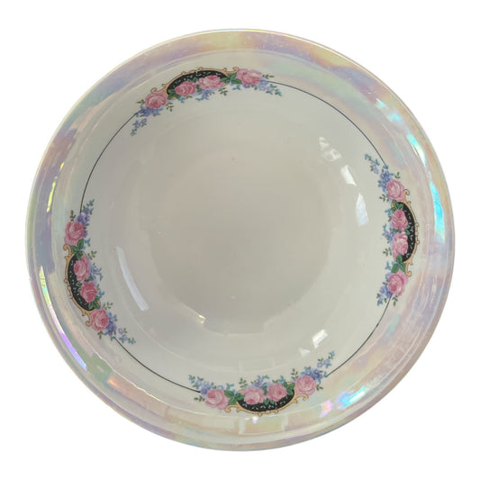 Vintage German Porcelain Bowl Iridescent Luster Rim Pink Roses Cottagecore Serving Dish