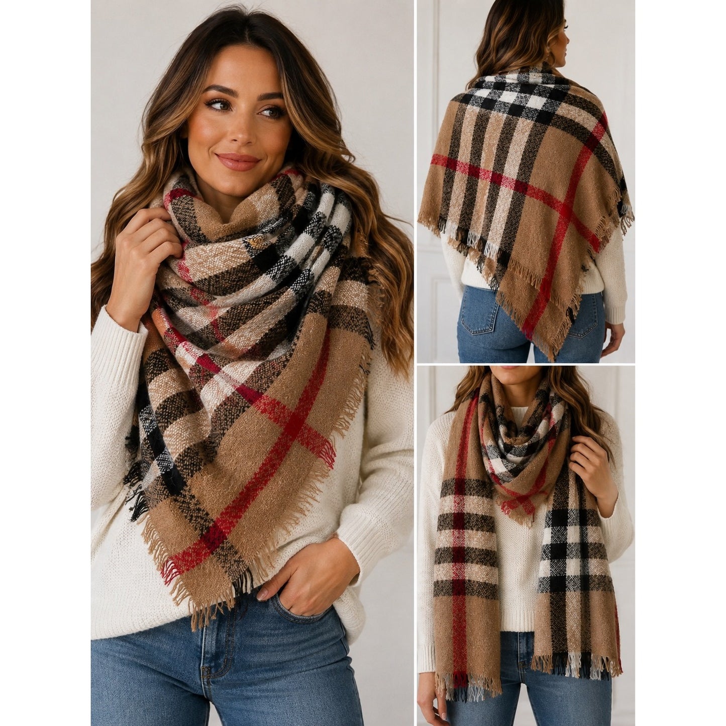 Simonetta Oversized Plaid Blanket Scarf 50x50 Camel Red Black Fringe NWT