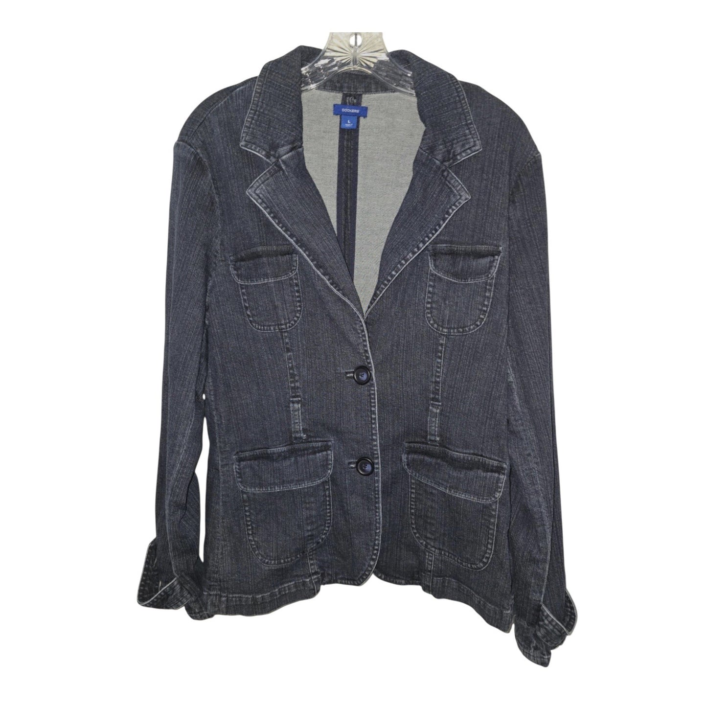Dockers Women’s Denim Blazer Jacket Size L – Dark Wash, 4-Pocket Utility Style, 2000s Y2K