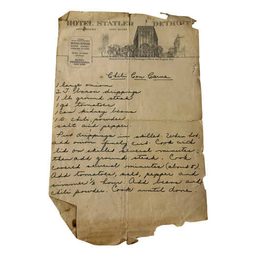 Antique 1920s Hotel Statler Detroit Handwritten Chili Con Carne Recipe Ephemera