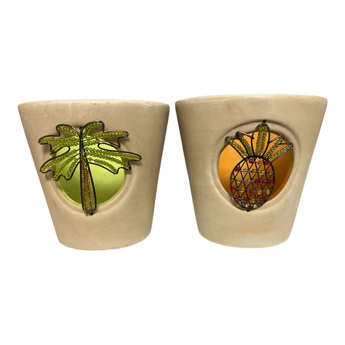 VTG Set of 2 Global Amici Tropical Candle Holders – Palm Tree & Pineapple | Beaded Pottery Votives 4"
