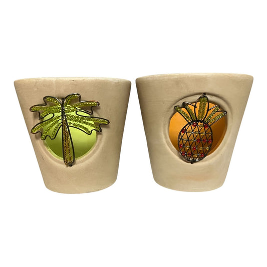VTG Set of 2 Global Amici Tropical Candle Holders – Palm Tree & Pineapple | Beaded Pottery Votives 4"