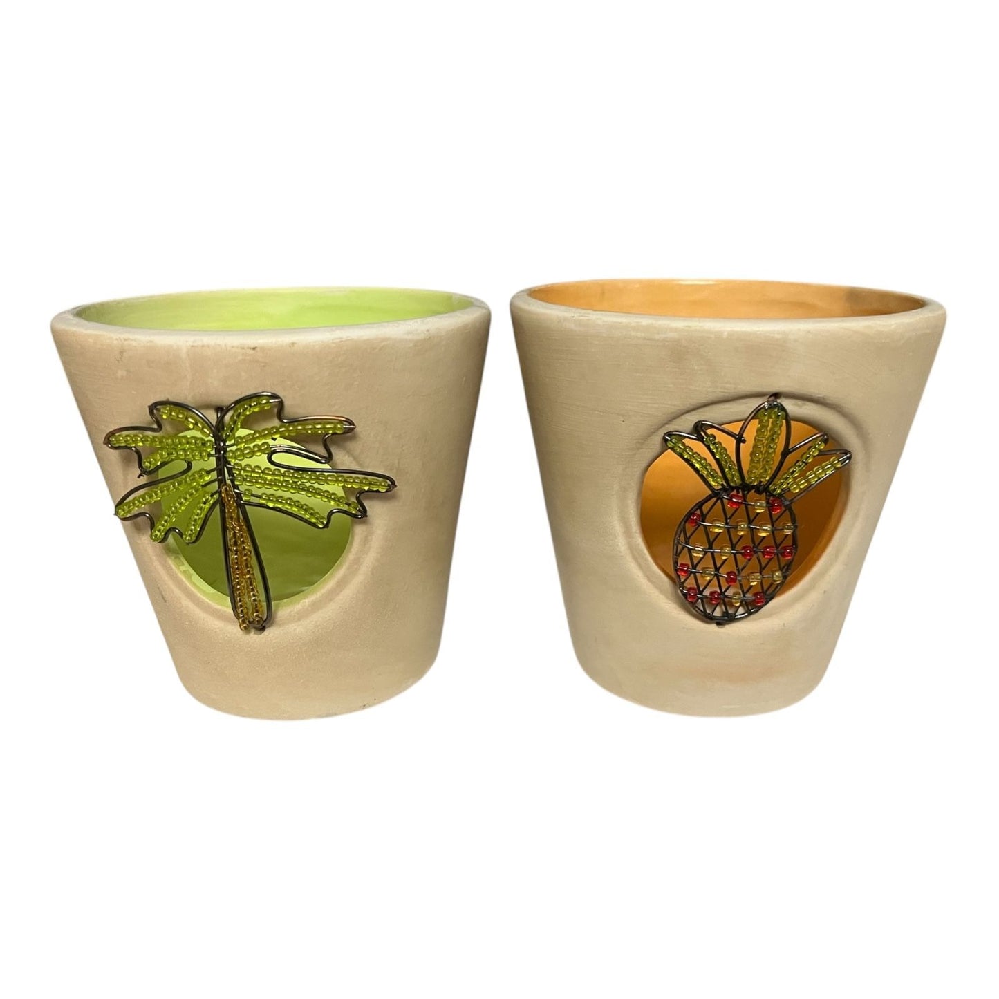 VTG Set of 2 Global Amici Tropical Candle Holders – Palm Tree & Pineapple | Beaded Pottery Votives 4"