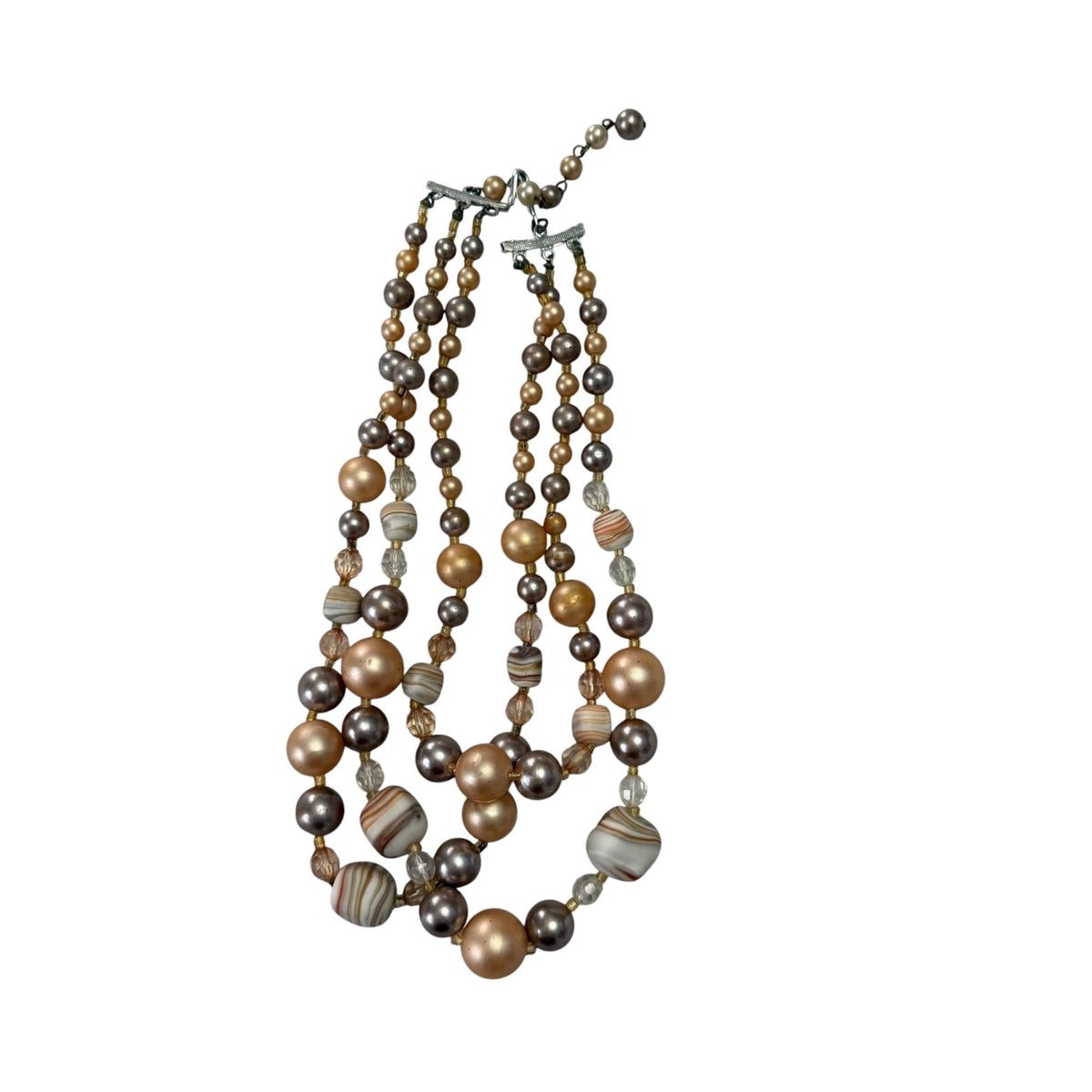 Vintage 1950s Japan Triple Strand Art Glass Faux Pearl Bead Choker Necklace