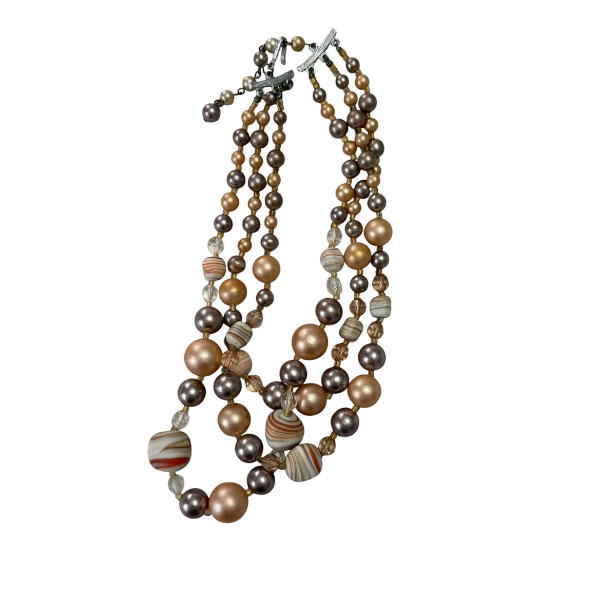 Vintage 1950s Japan Triple Strand Art Glass Faux Pearl Bead Choker Necklace