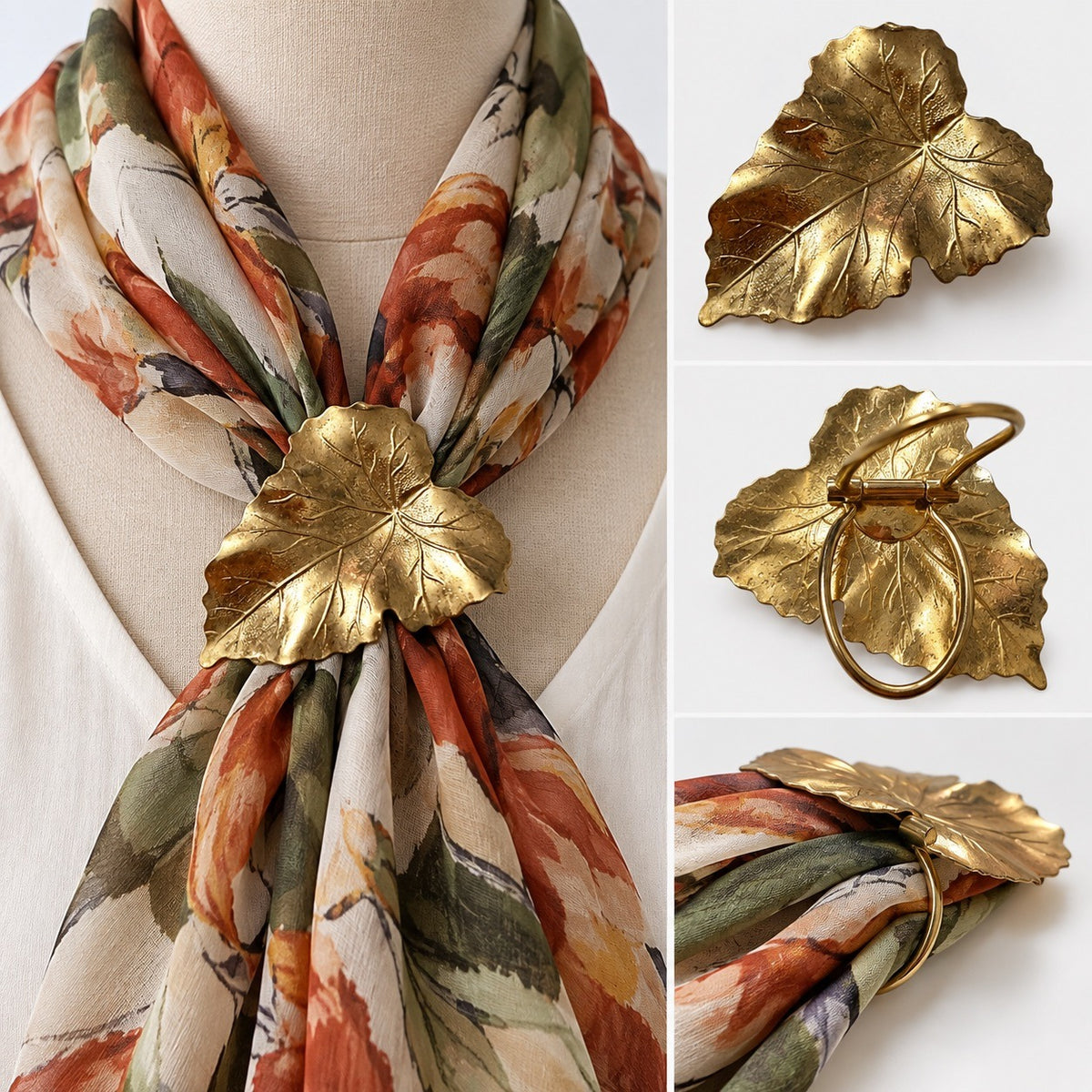 Vintage Gold Tone Grape Leaf Scarf Clip Ring Hinged Botanical 2"