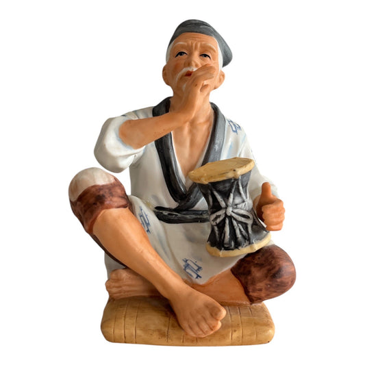 Vintage HOMCO Oriental Musician Figurine Taiwan Porcelain Seated Drum Player Repaired