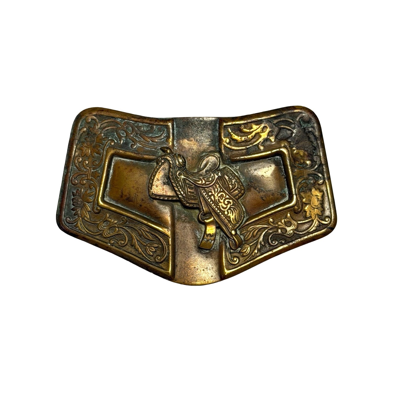 Vintage Western Saddle Belt Buckle Floral Scroll Cowboy Brass Tone