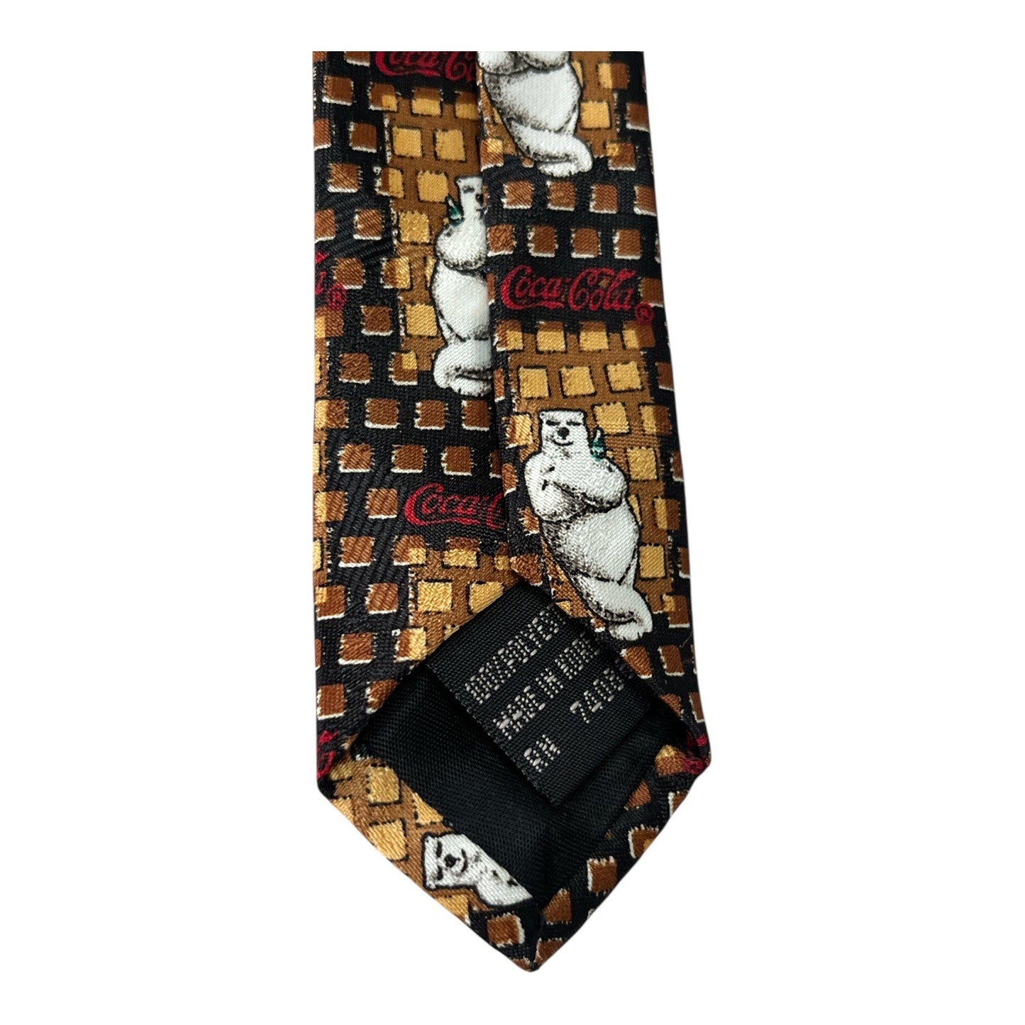 Vtg Coca-Cola Polar Bear Tie – Brown Geometric Pattern – Made in Korea