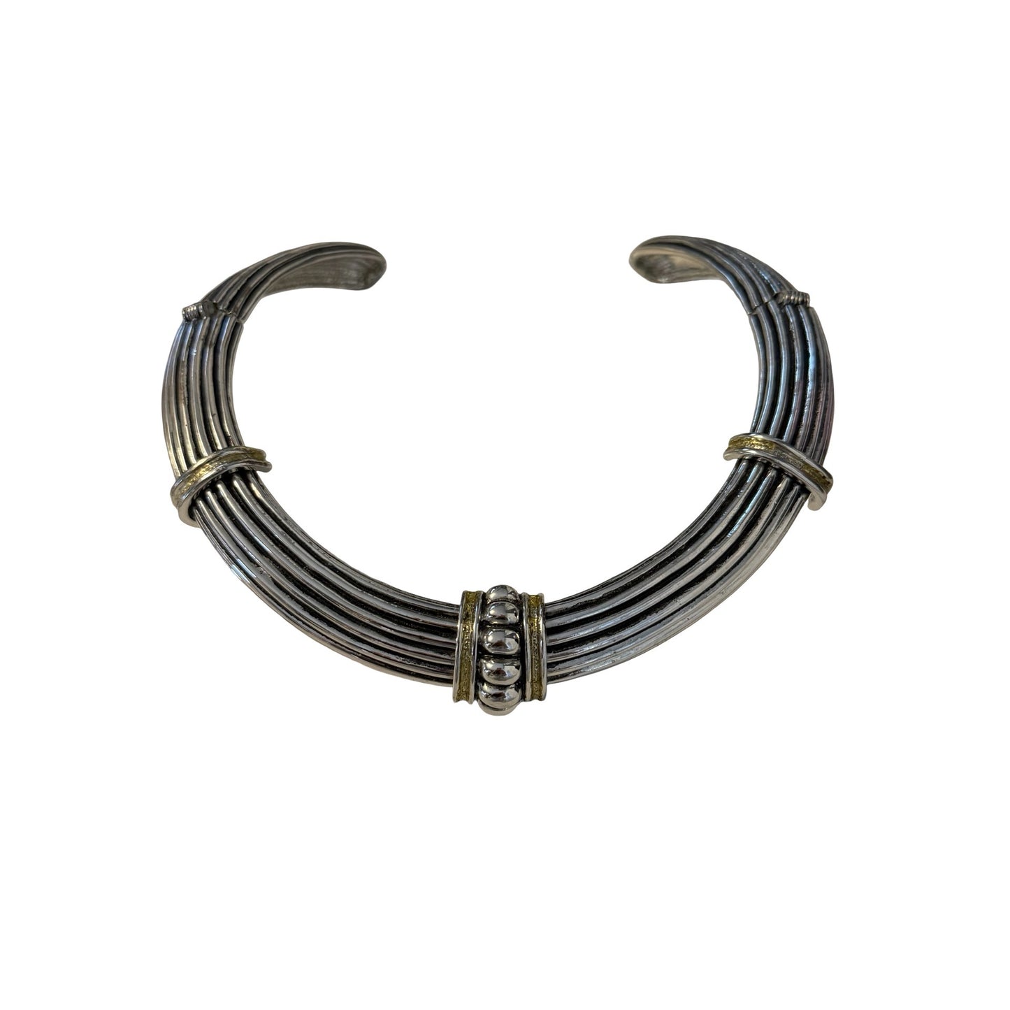 Vintage Multi Strand Silver Tone Collar Necklace Gold Tone Accents Heavy Statement Jewelry