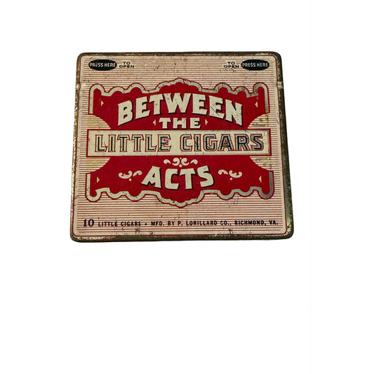 Vintage Between The Acts Little Cigars Tin P Lorillard Tobacco Advertising Hinged Metal Case 1930s