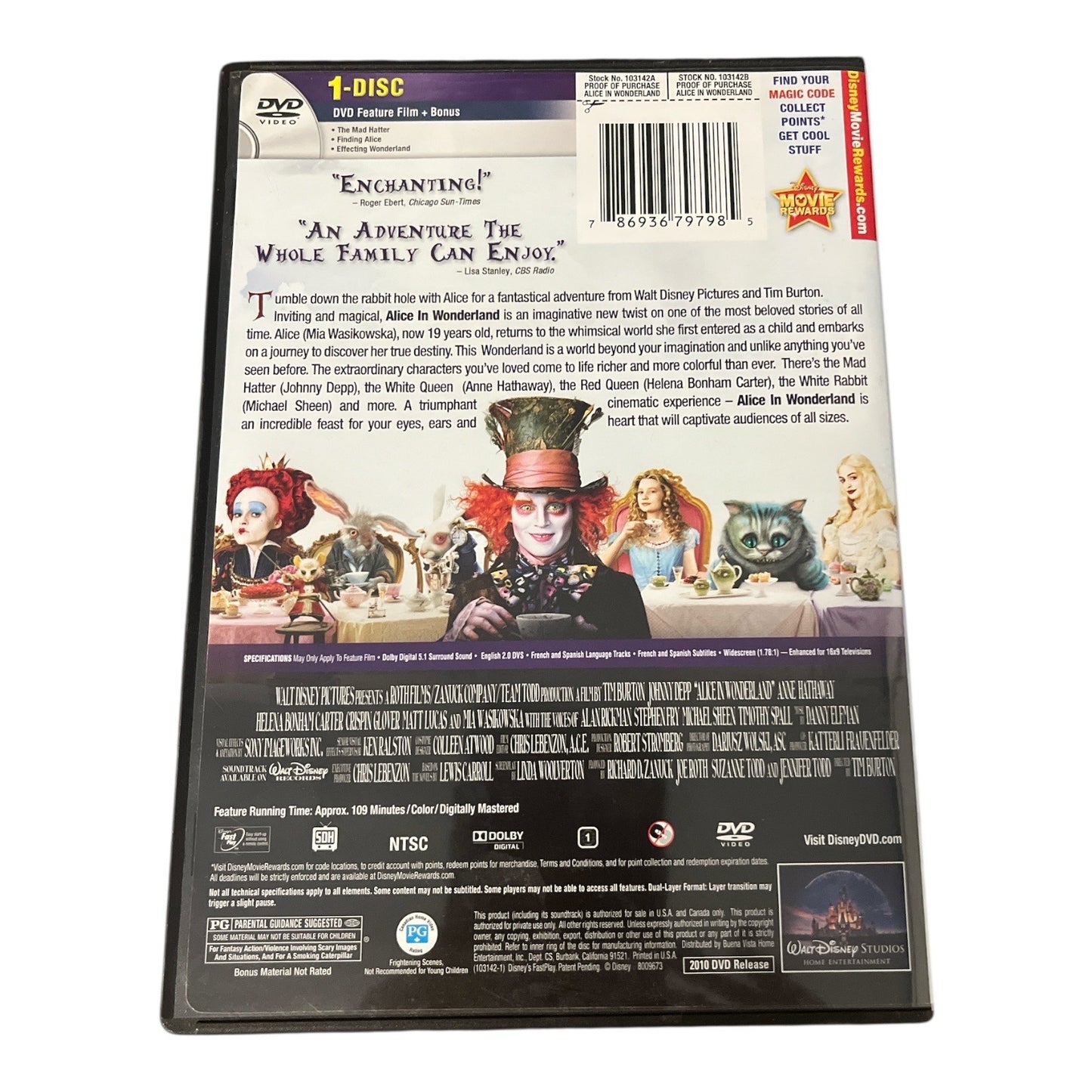 Disney Alice in Wonderland DVD 2010 Johnny Depp Tim Burton 1 Disc Family Movie