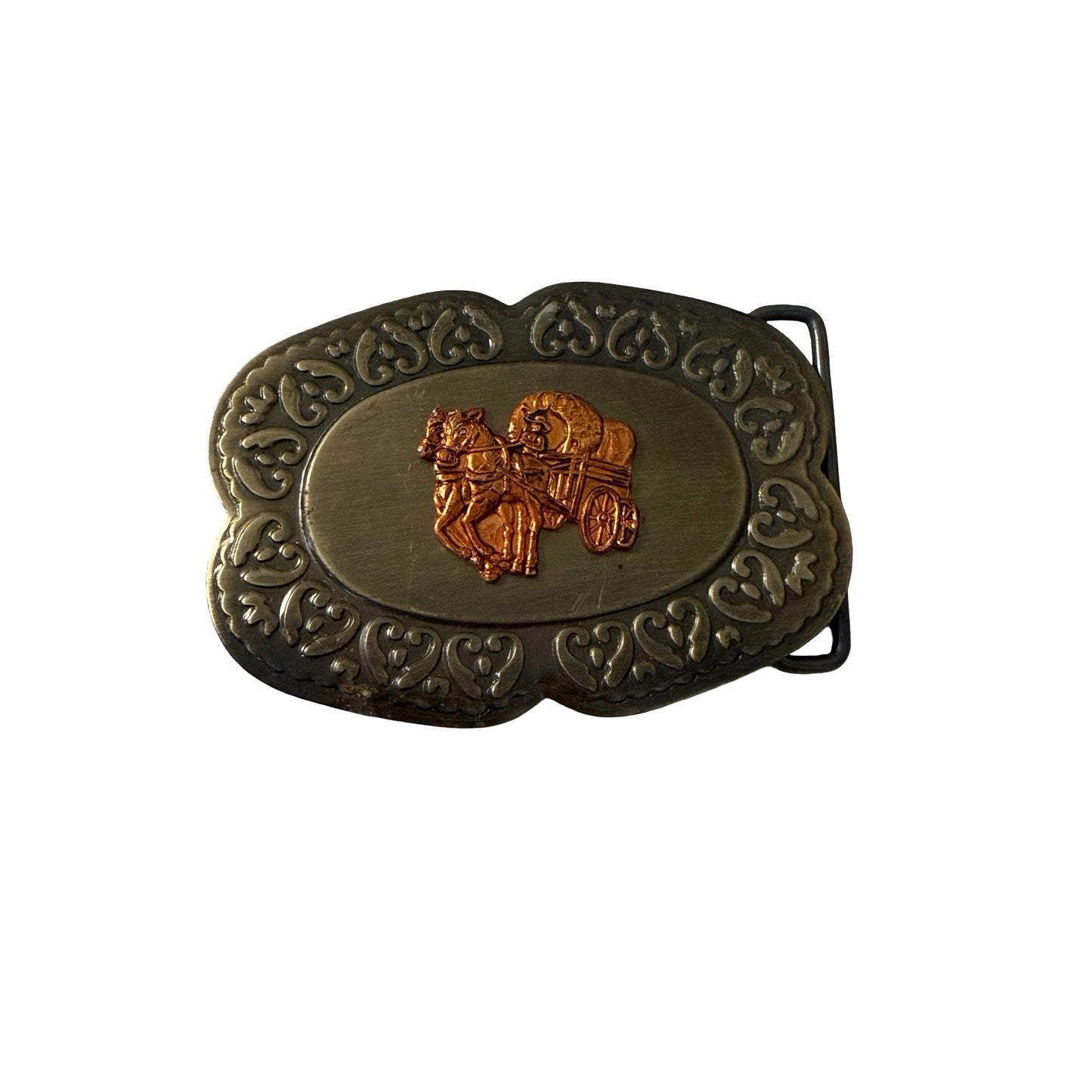 Vintage Covered Wagon Belt Buckle Antique Brass Tone Western Cowboy Hong Kong