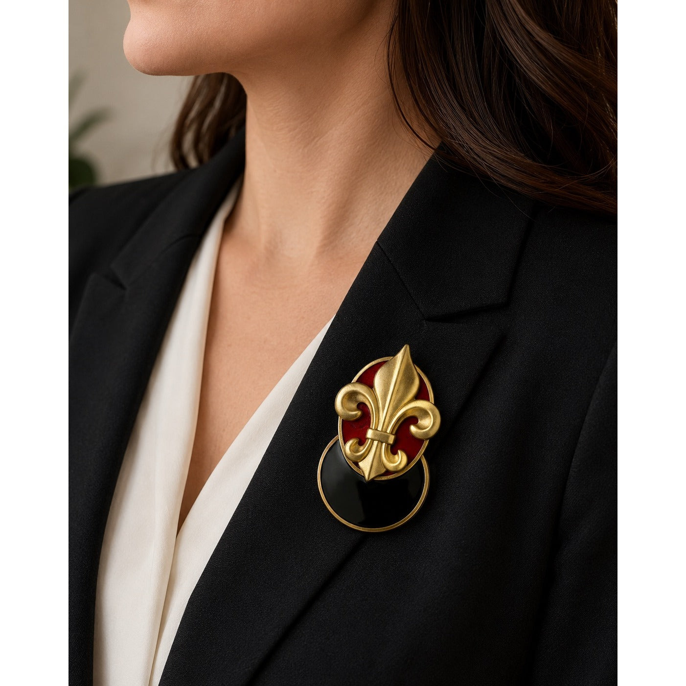 Vintage Fleur De Lis Brooch Layered Black Red Gold Tone Heraldic Statement Pin
