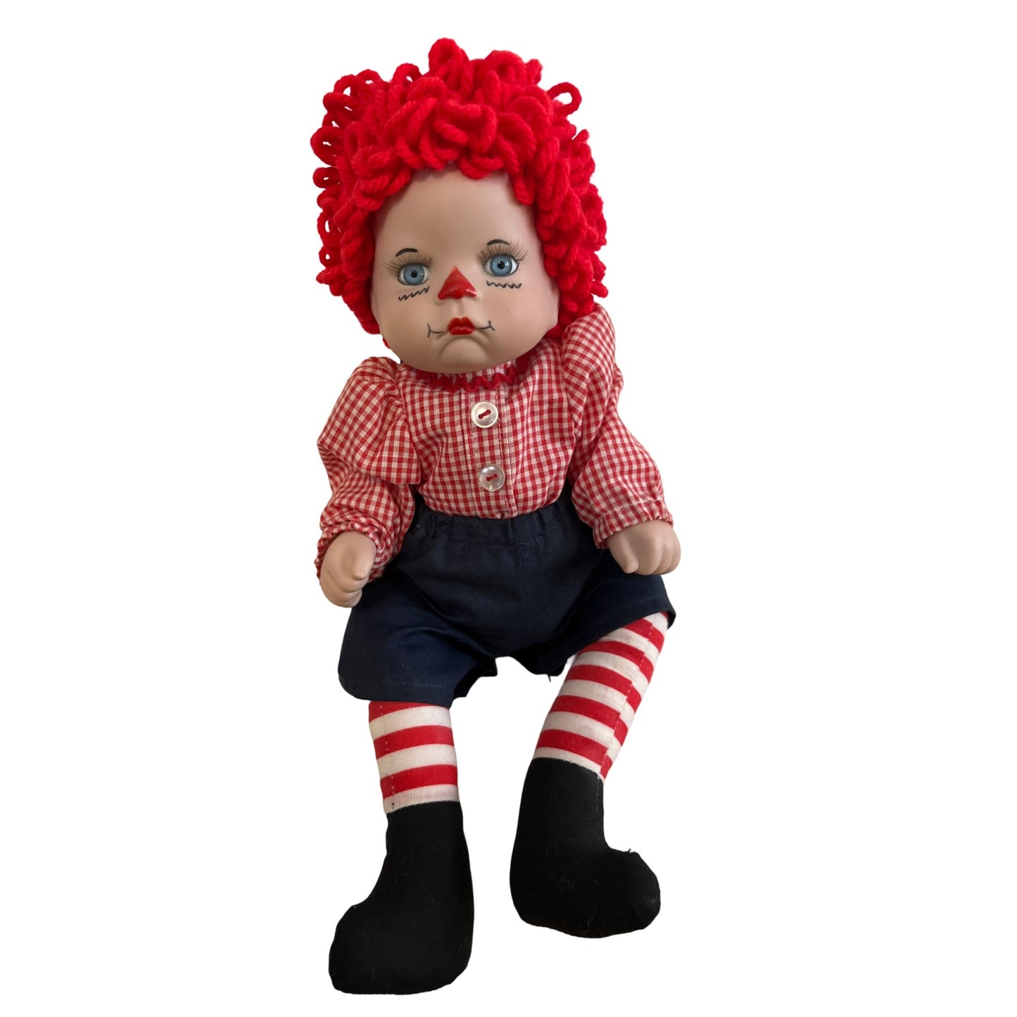 Vintage Porcelain Raggedy Style Doll 12 Inch Yarn Hair Cloth Body Red Gingham Outfit