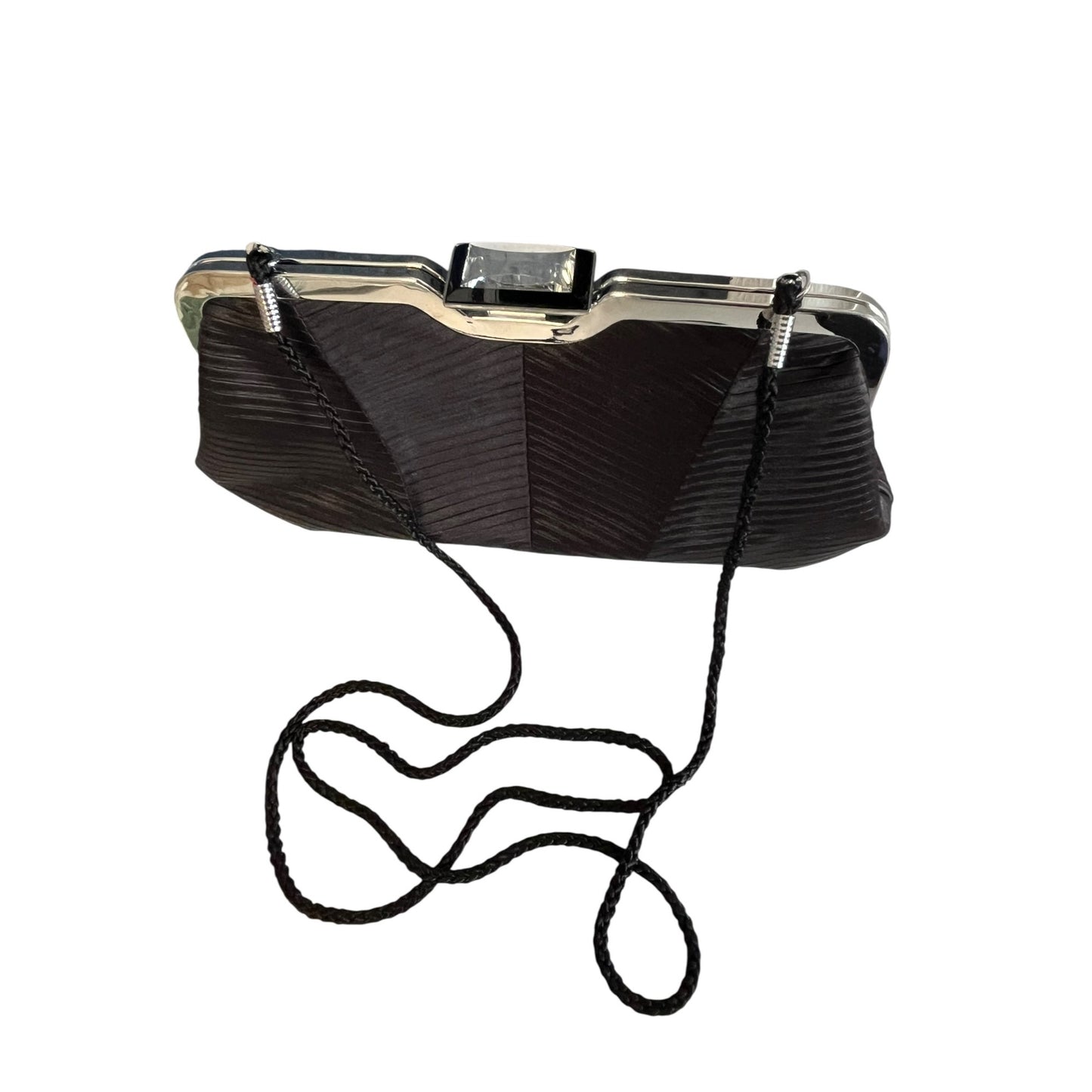 Kate Landry Evening Clutch Black Pleated Satin Rhinestone Clasp Mid 2000s Formal Bag