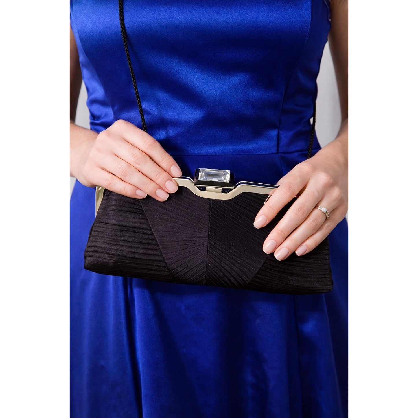 Kate Landry Evening Clutch Black Pleated Satin Rhinestone Clasp Mid 2000s Formal Bag