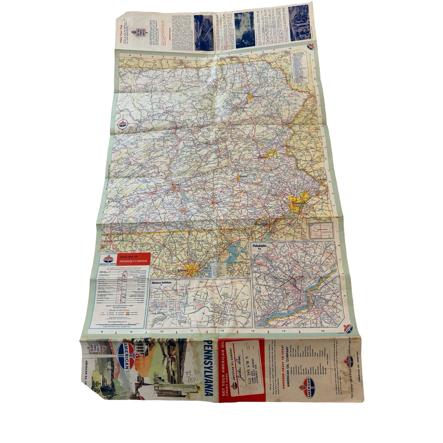 Vintage American Oil Company Pennsylvania Road Map Travel Guide Gas Station Map