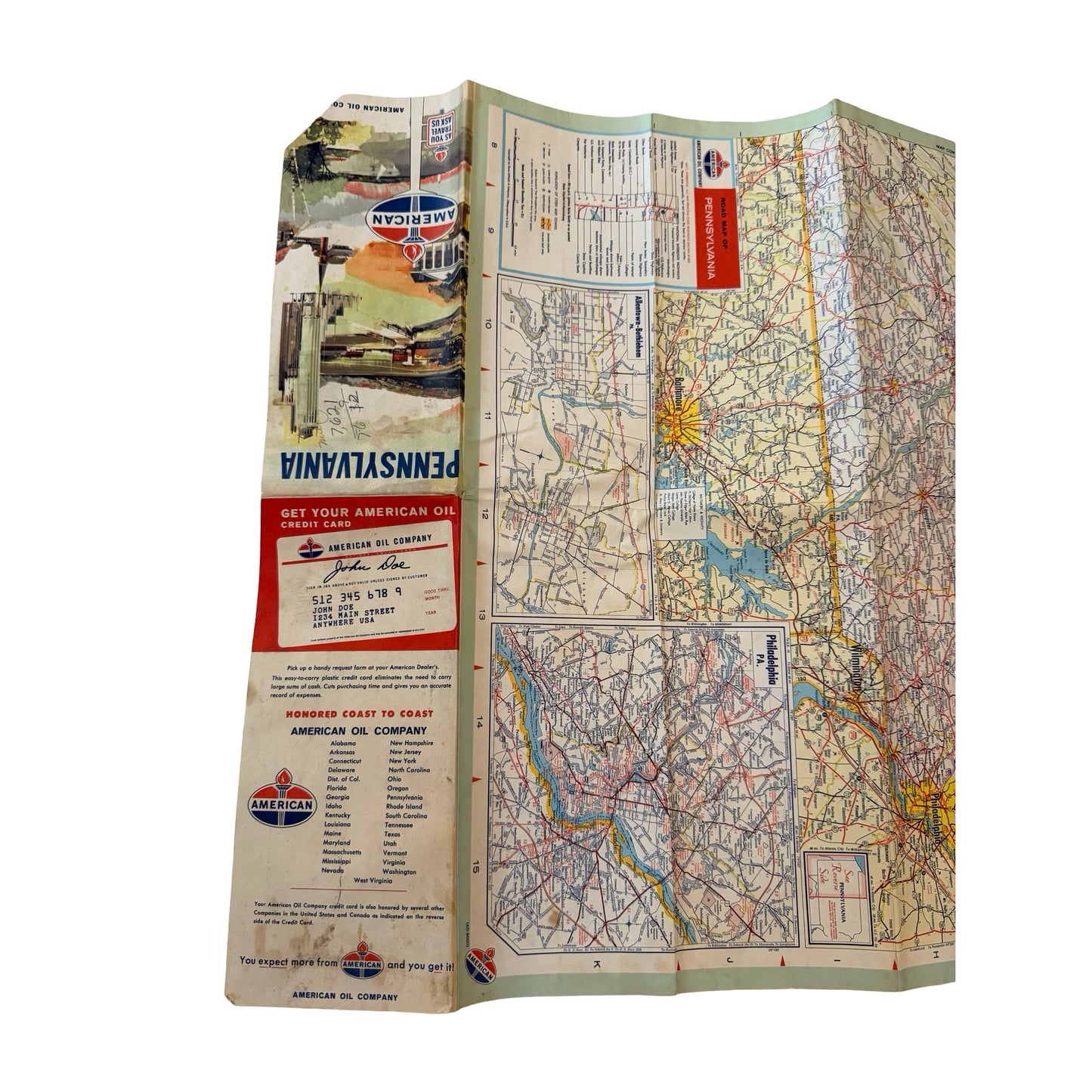 Vintage American Oil Company Pennsylvania Road Map Travel Guide Gas Station Map