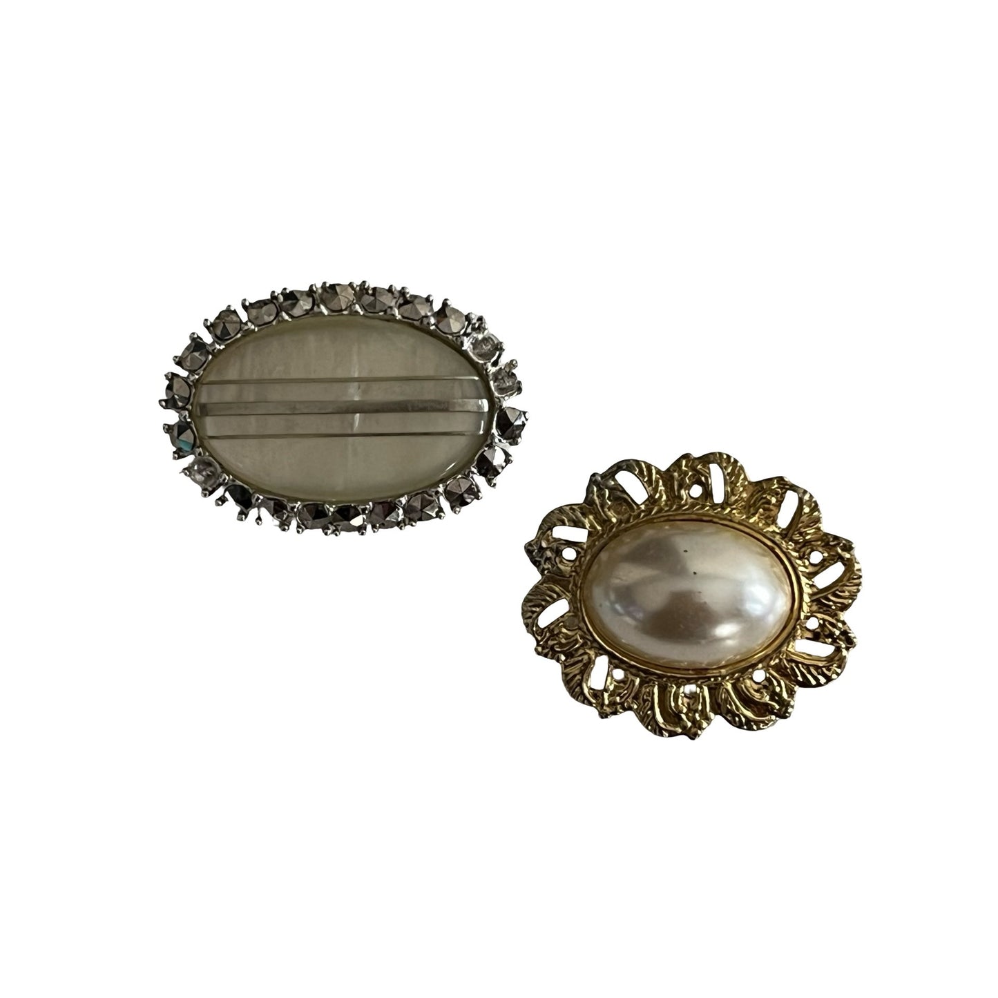Vintage Faux Pearl Brooch Lot Gold Tone Oval Cabochon Rhinestone Frame Pin Set