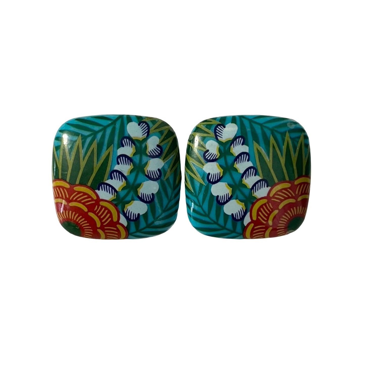 Vintage Floral Pierced Earrings Teal Green Red Tropical Leaf Square Statement Retro