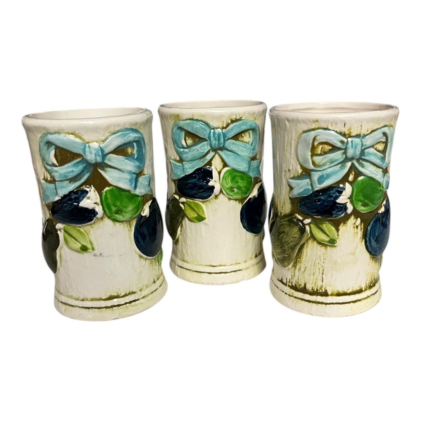 Set of 3 Vintage Napco Ceramic Tumblers C-8265 – Blue Bow & Fruit Design – Japan