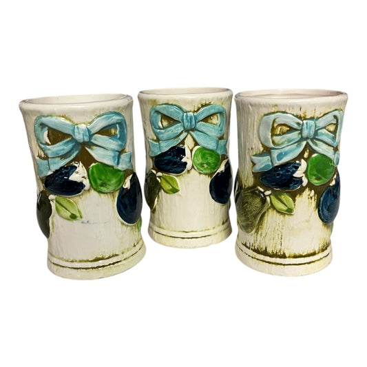 Set of 3 Vintage Napco Ceramic Tumblers C-8265 – Blue Bow & Fruit Design – Japan