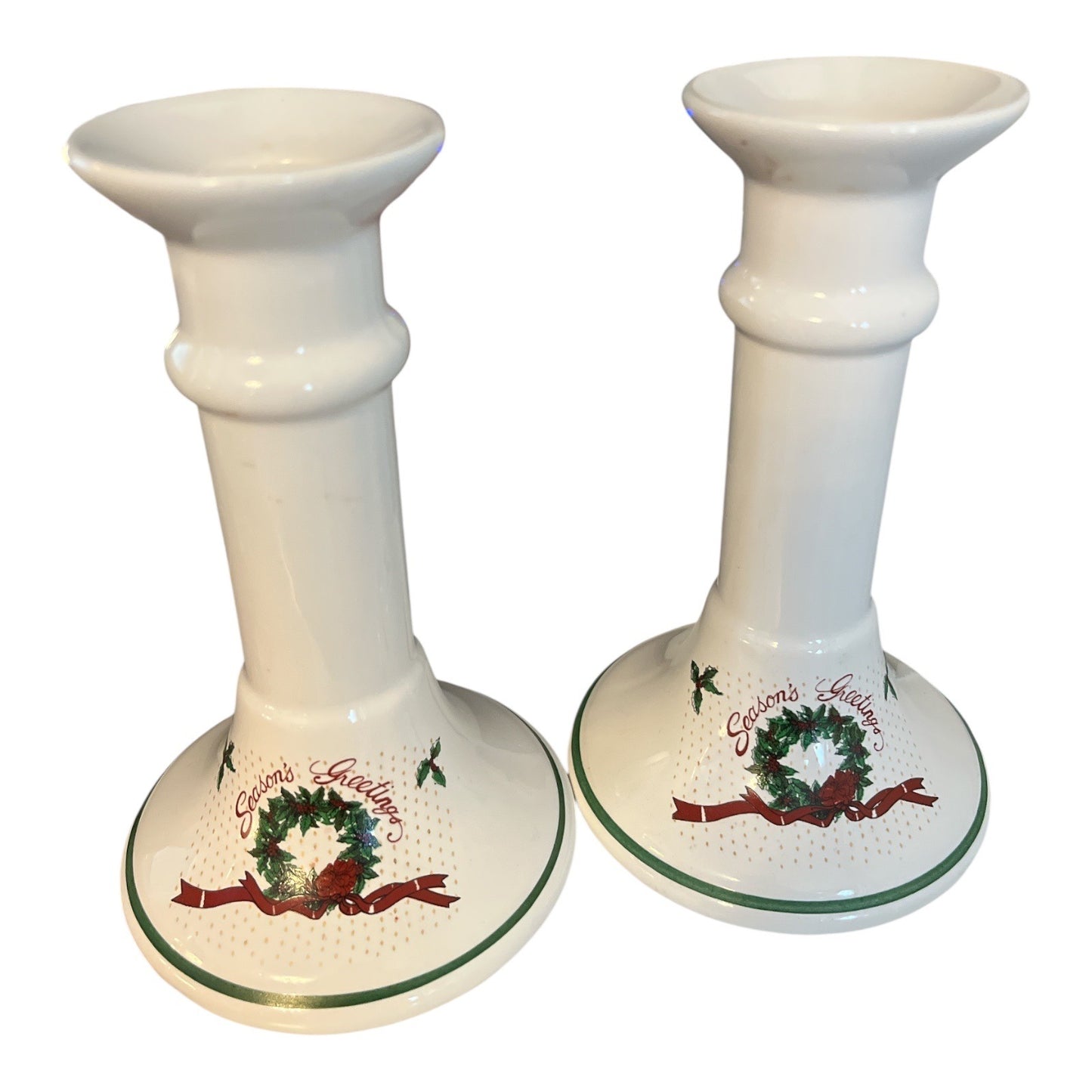 Vintage Season's Greetings Christmas Ceramic Candlestick Holders Pair Taiwan 6"