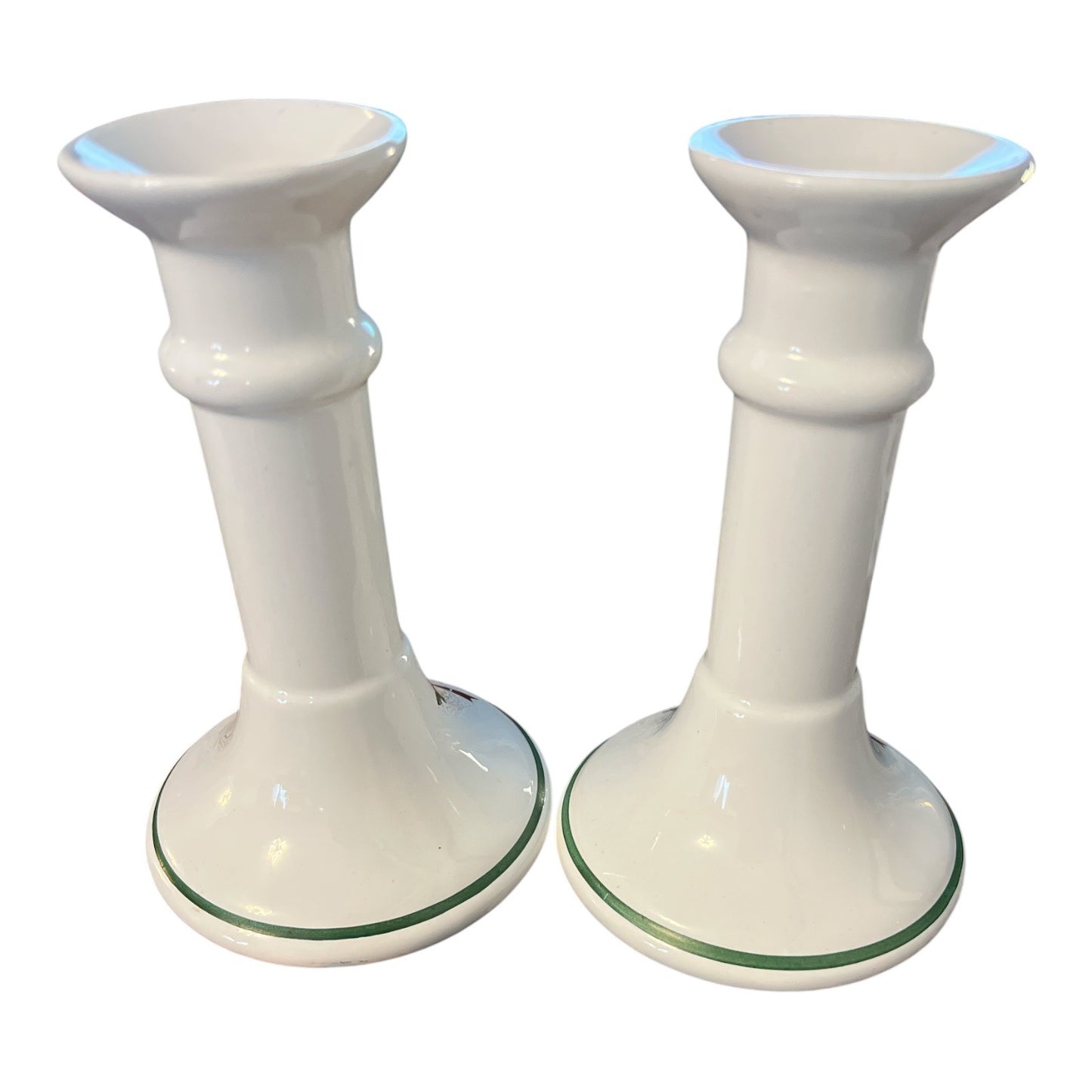 Vintage Season's Greetings Christmas Ceramic Candlestick Holders Pair Taiwan 6"