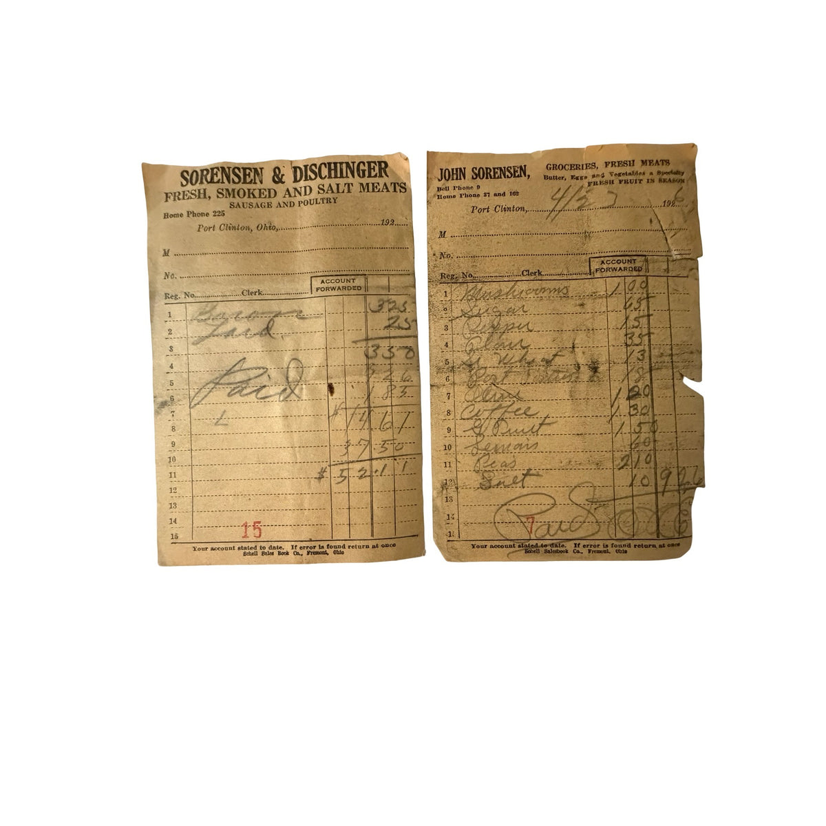 1926 John Sorensen Sorensen & Dischinger Port Clinton Ohio Grocery Receipts Antique Ephemera