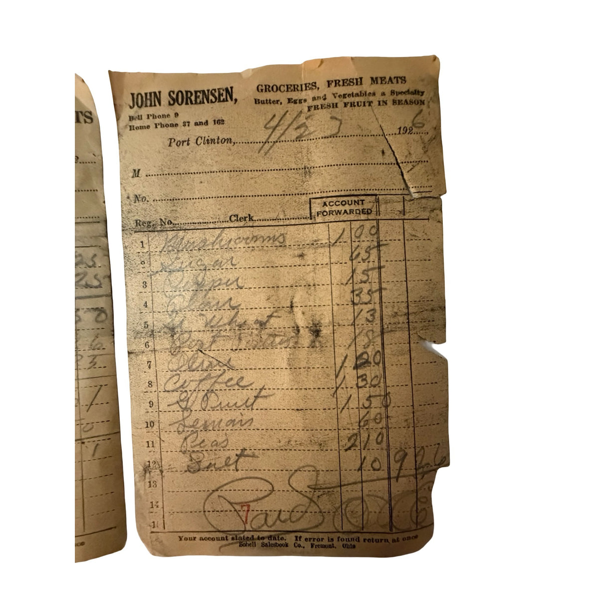 1926 John Sorensen Sorensen & Dischinger Port Clinton Ohio Grocery Receipts Antique Ephemera