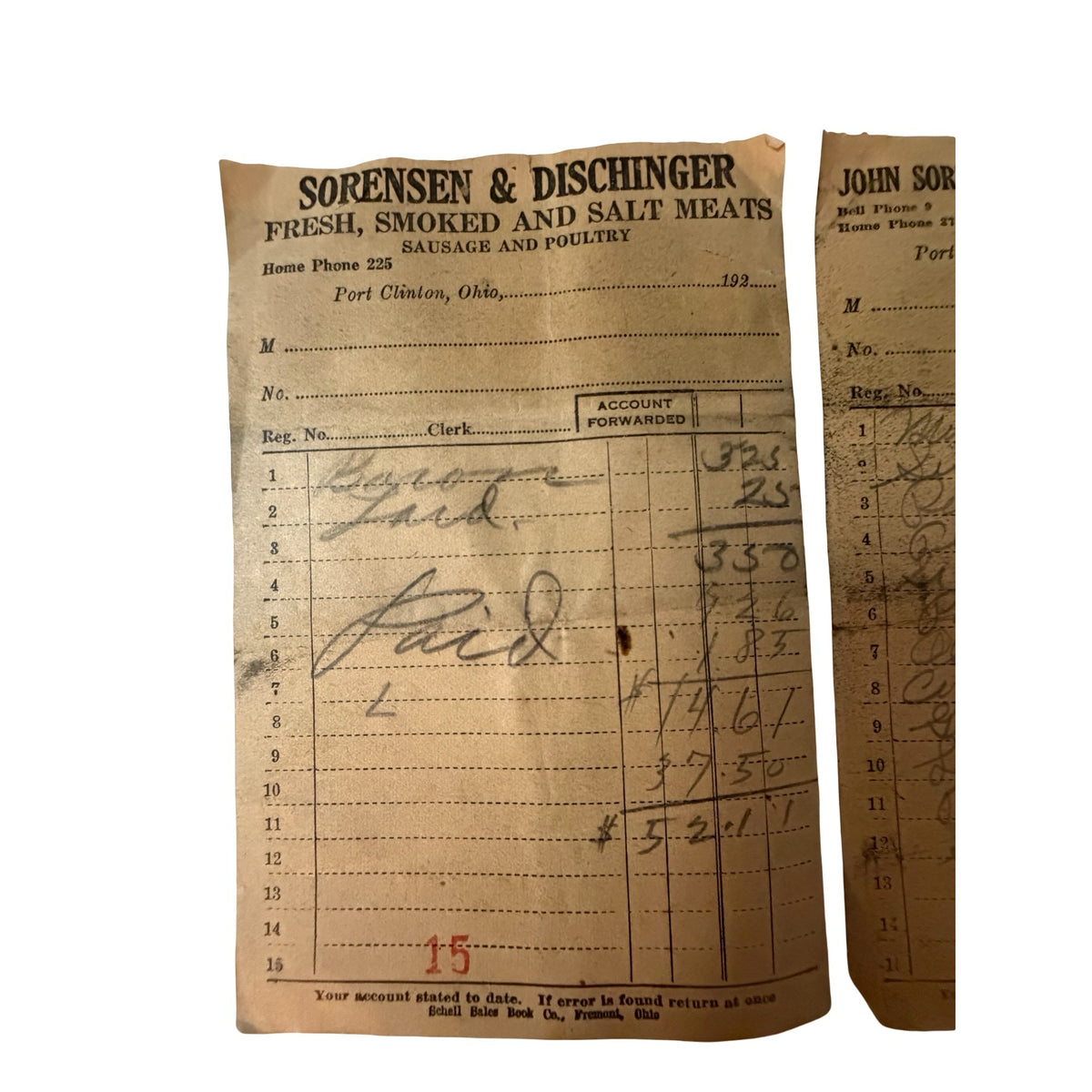 1926 John Sorensen Sorensen & Dischinger Port Clinton Ohio Grocery Receipts Antique Ephemera