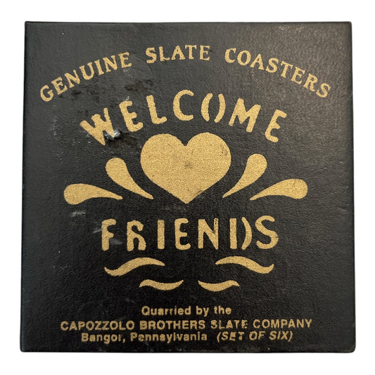 Pennsylvania Slate Coasters Welcome Friends Gold Design Capozzolo Brothers Set of 3 Vintage Rustic