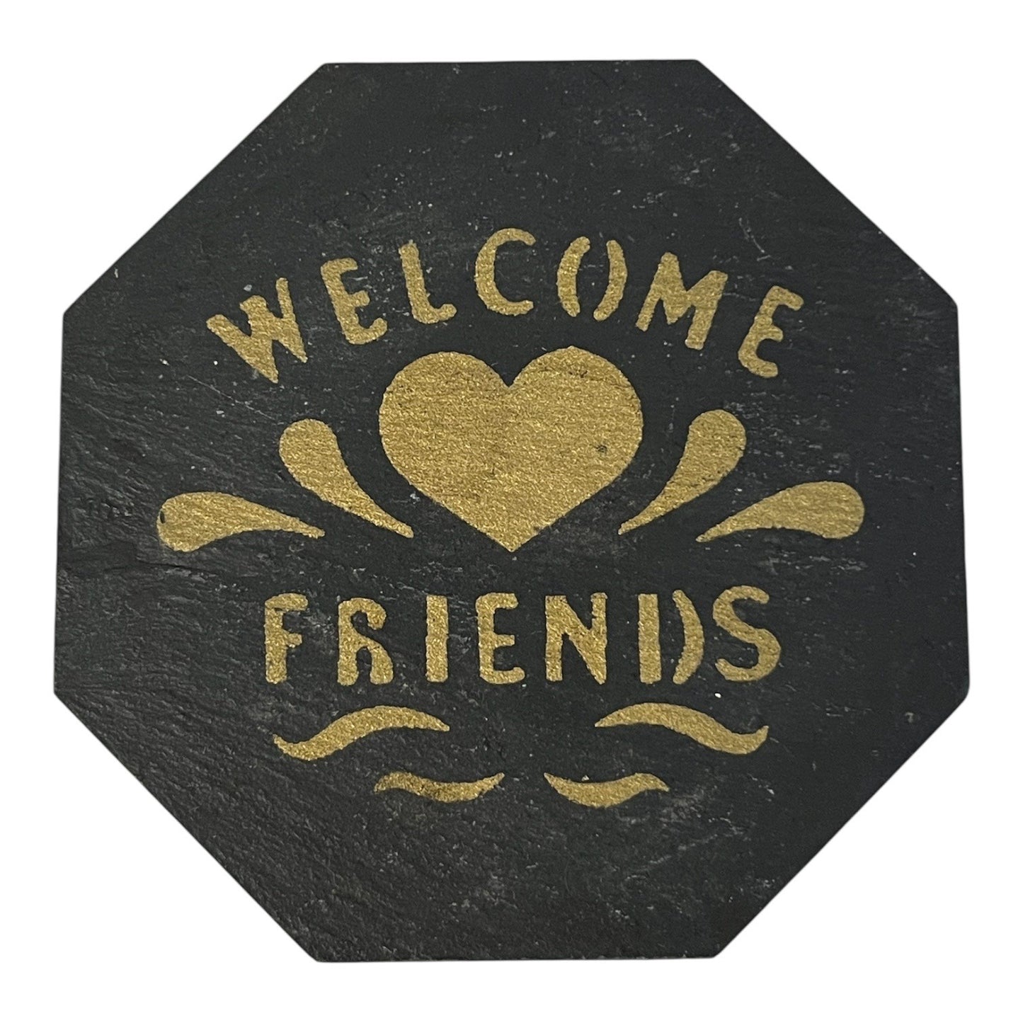 Pennsylvania Slate Coasters Welcome Friends Gold Design Capozzolo Brothers Set of 3 Vintage Rustic