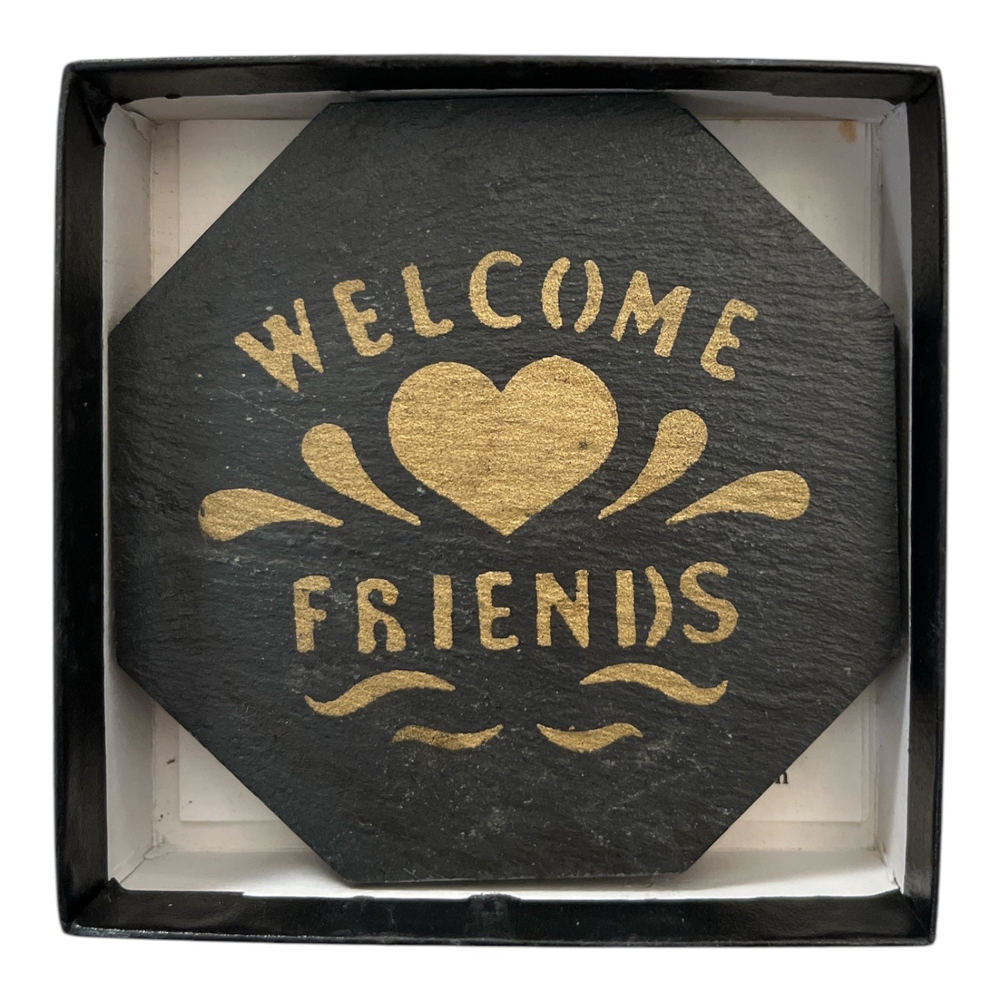 Pennsylvania Slate Coasters Welcome Friends Gold Design Capozzolo Brothers Set of 3 Vintage Rustic
