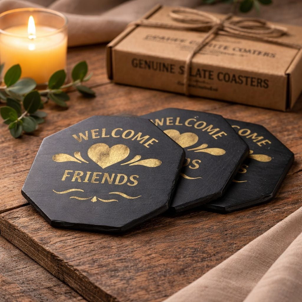 Pennsylvania Slate Coasters Welcome Friends Gold Design Capozzolo Brothers Set of 3 Vintage Rustic