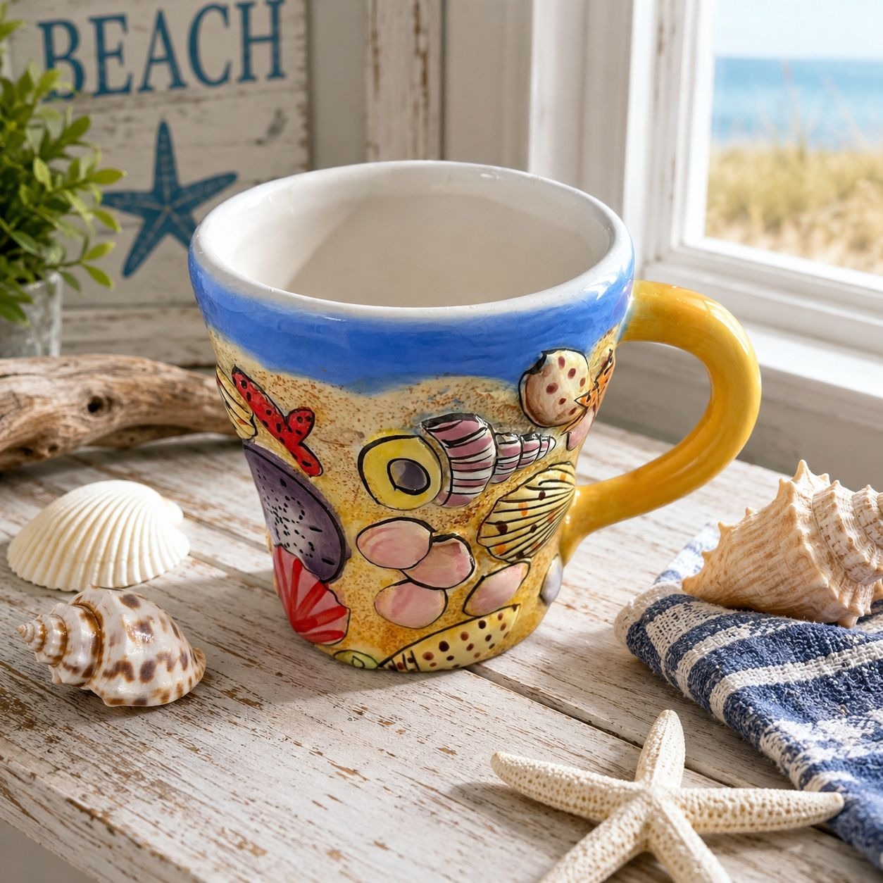 Beach Seashell Coffee Mug Hand Painted Coastal Ocean Starfish Shells 4"