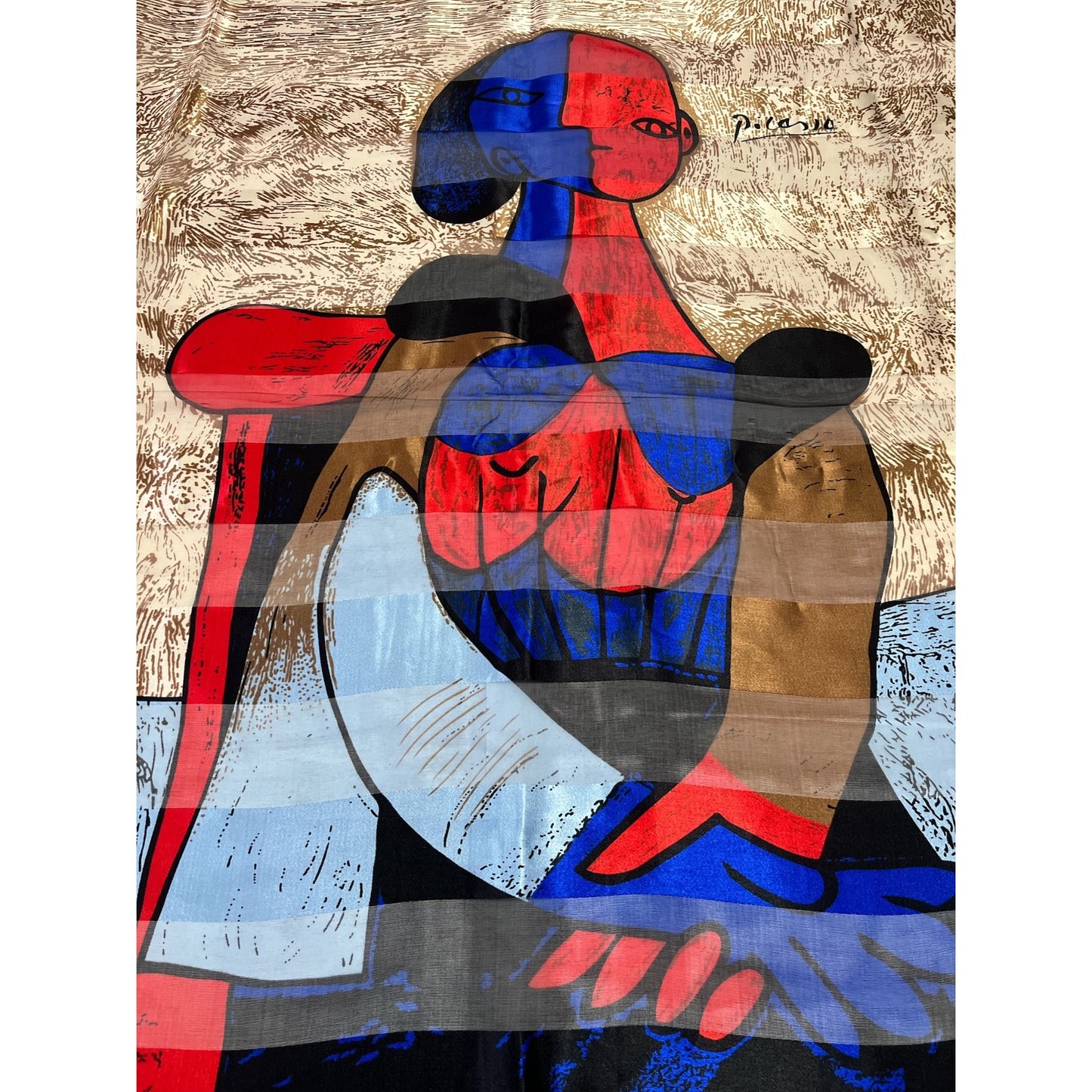 Vintage Picasso-Inspired Silk Scarf – Abstract Woman Print Art Wrap 1980s–1990s