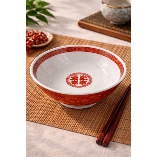 Vintage Chinese Red Longevity Bowl 8” Porcelain Double Happiness Symbol 435 Mark