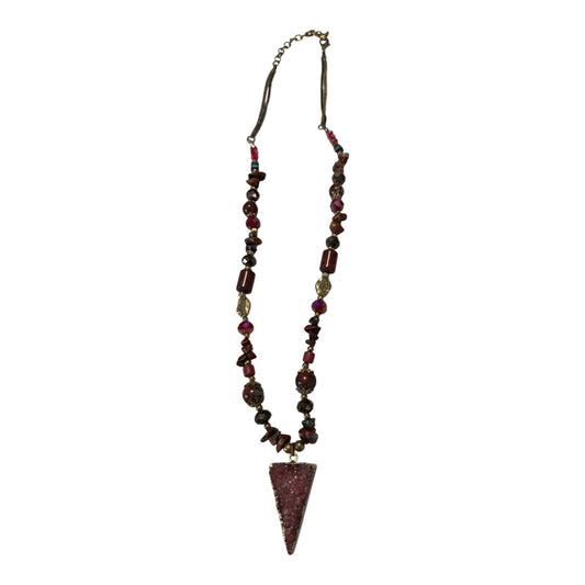 Druzy Triangle Pendant Mixed Stone Beaded Necklace Red Brown Gold Tone 26 Inch