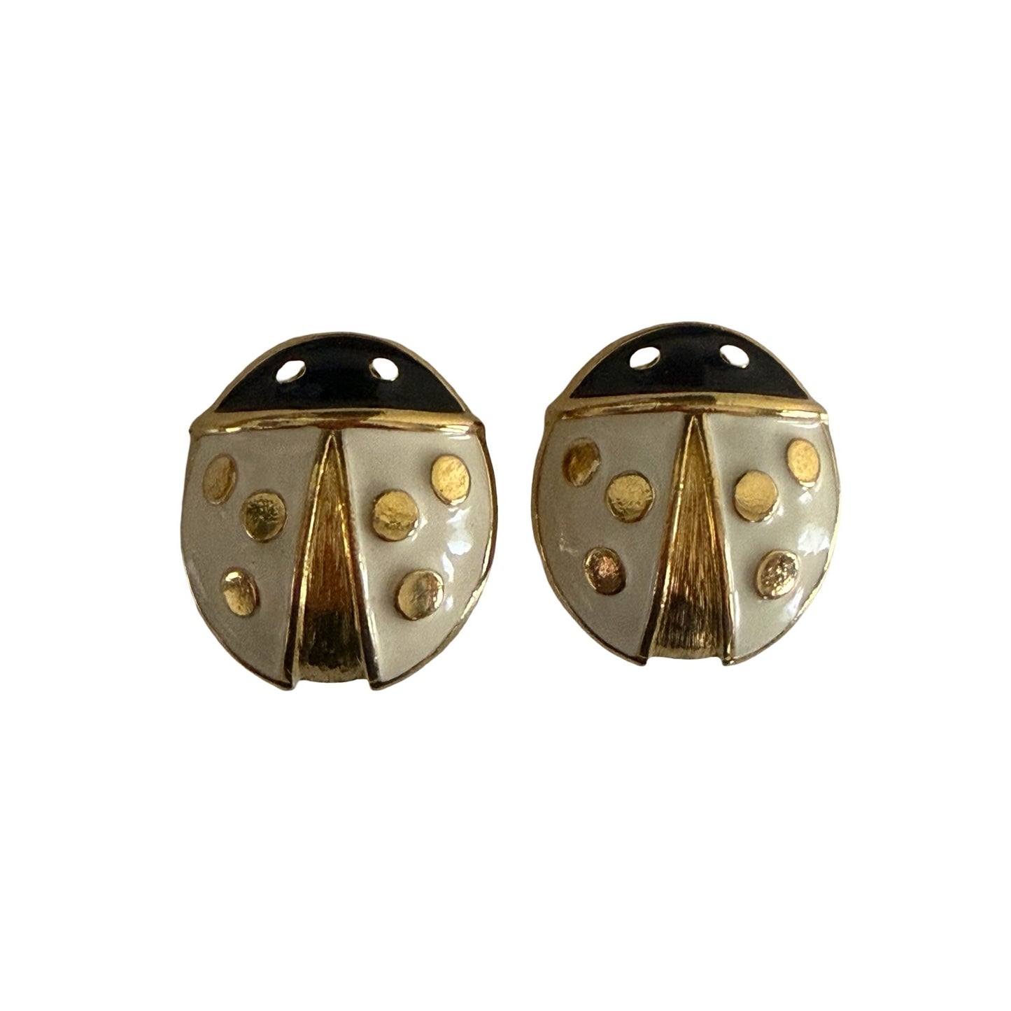 Vintage Ladybug Clip-On Earrings White Enamel Black Gold Tone Pair