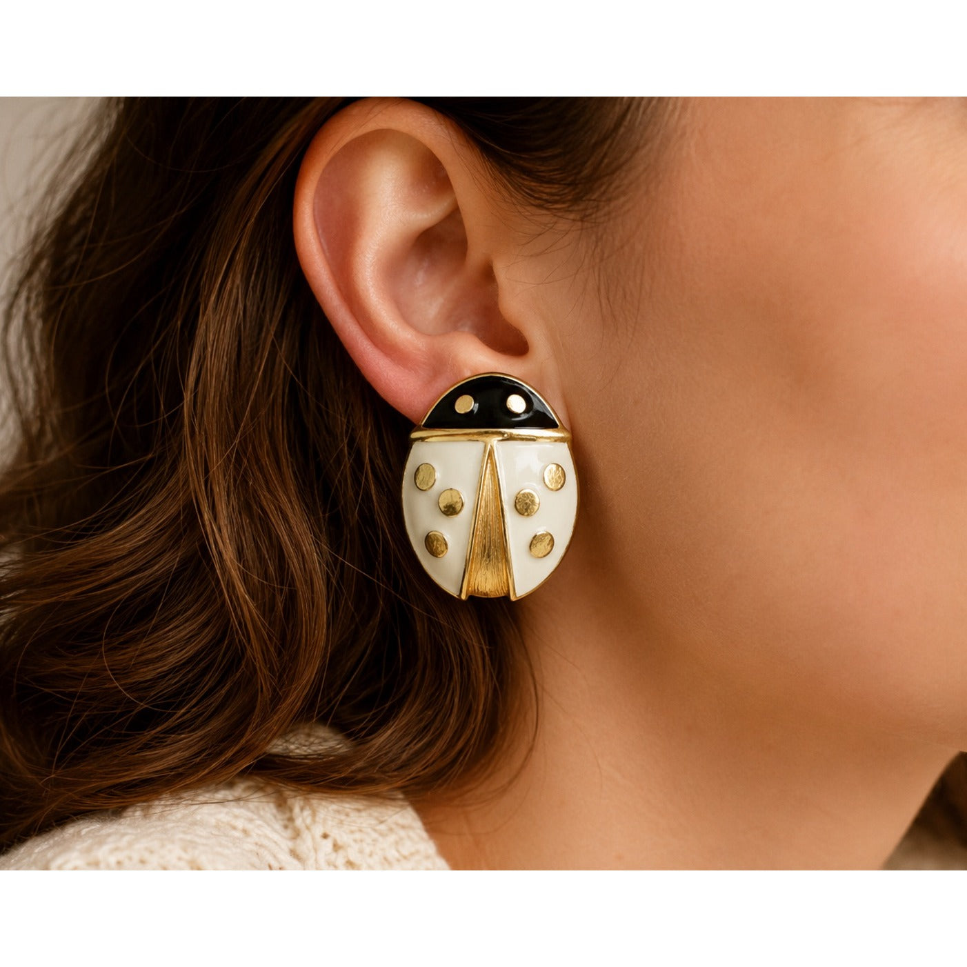 Vintage Ladybug Clip-On Earrings White Enamel Black Gold Tone Pair