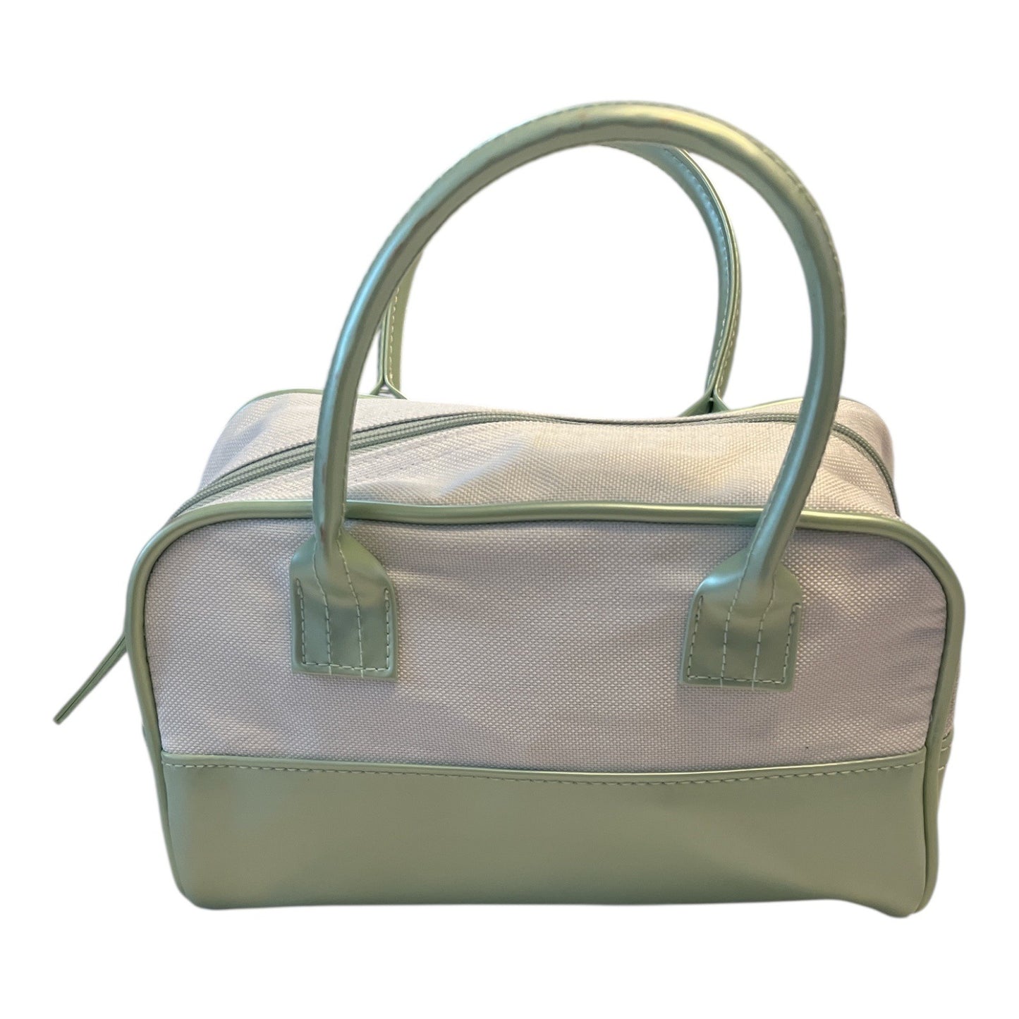 Estée Lauder Mint Green & White Canvas Cosmetic Bag – 5 x 9 x 4 in – 4” Handle Drop