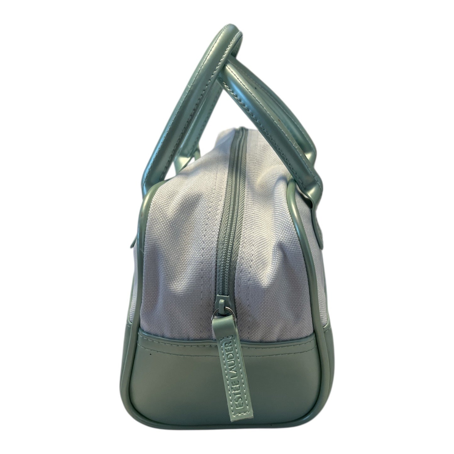 Estée Lauder Mint Green & White Canvas Cosmetic Bag – 5 x 9 x 4 in – 4” Handle Drop