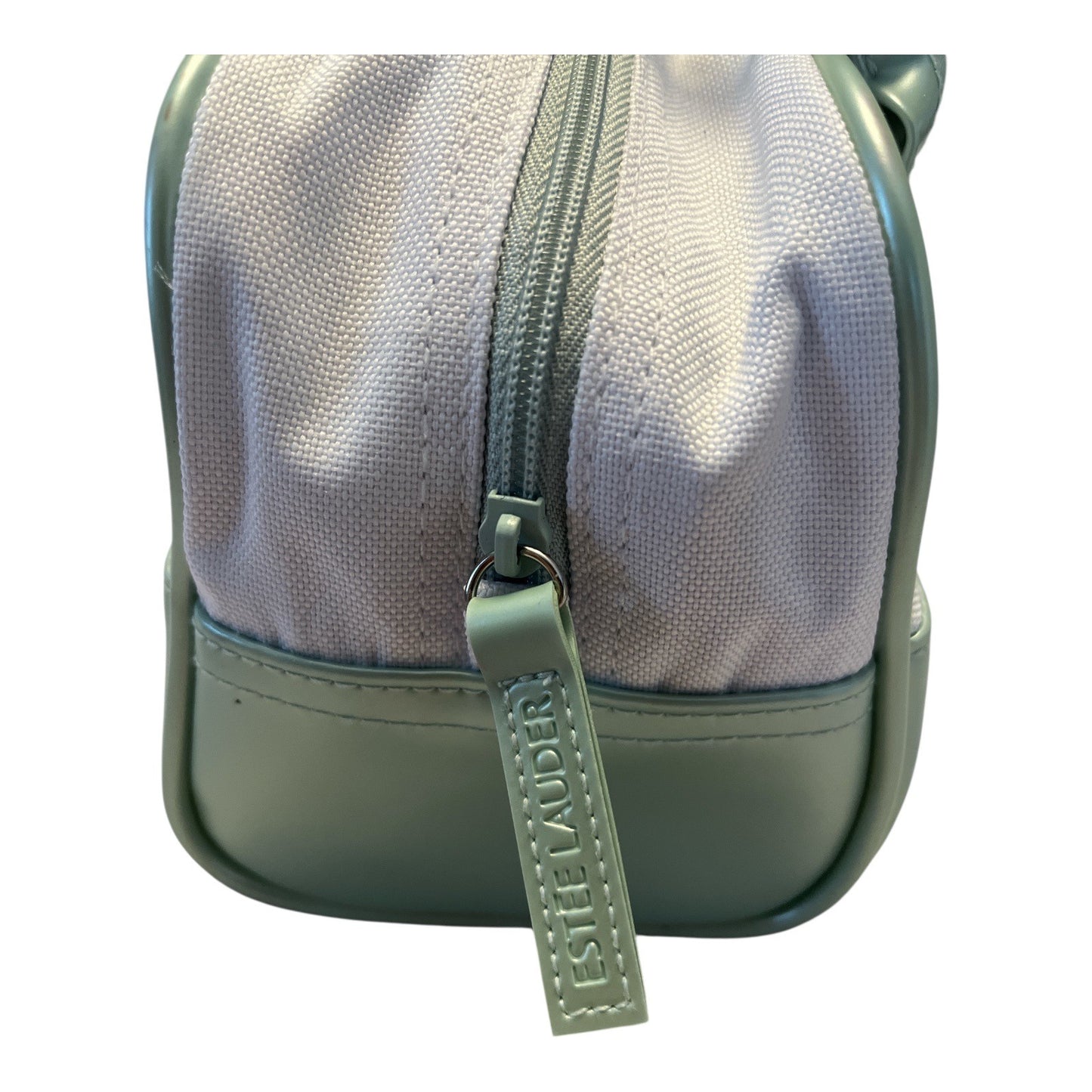 Estée Lauder Mint Green & White Canvas Cosmetic Bag – 5 x 9 x 4 in – 4” Handle Drop